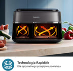 Philips Airfryer 5000 Serii Dual Basket z Technologią Air Steam oraz RapidAir Plus - pojemność 9L, 19 sposobów gotowania, 90% mniej tłuszczu, 2 kosze, czyszczenie parą, akcesoria (NA550/00)