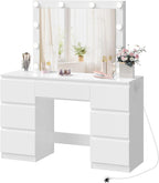 WOLTU MB6124ws Toaletka z oświetleniem i wieloma gniazdkami, toaletka z dużym lustrem LED i 7 szufladami, biurko do makijażu, 110 x 39,5 x 140,5 cm, biała nowoczesna komoda do sypialni